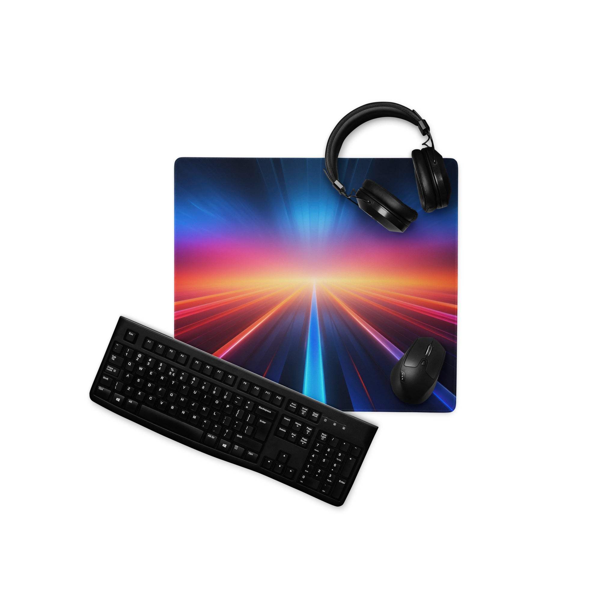 Vibrant cosmic ray gaming mouse pad with neon gradient and stitched edges