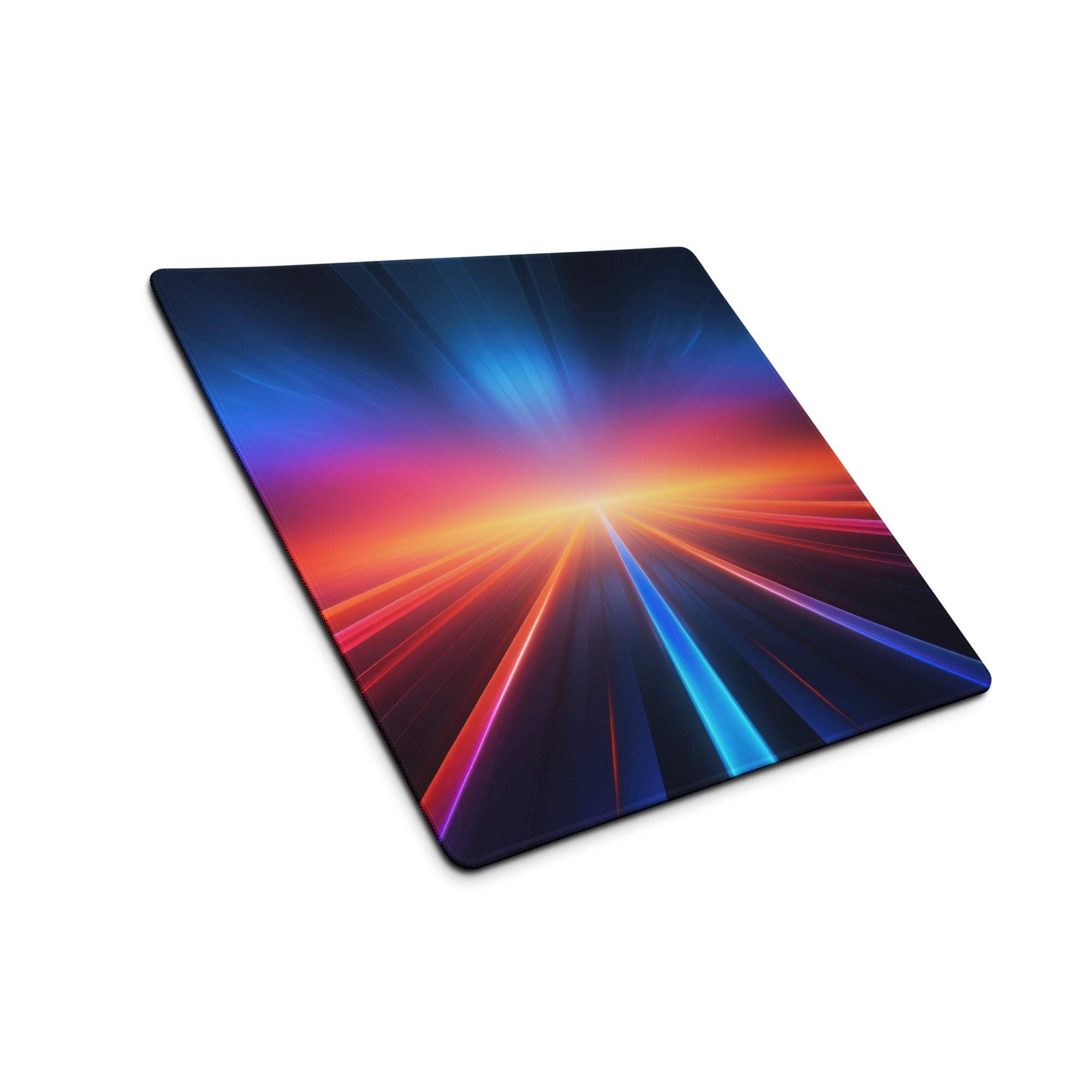Vibrant cosmic ray gaming mouse pad with neon horizon, glossy finish and stitched edges