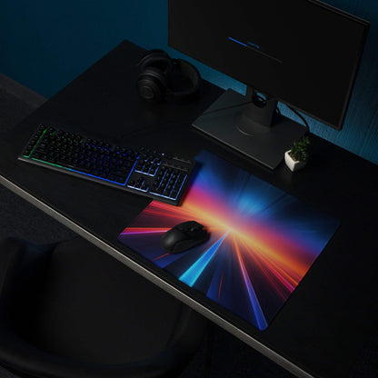 Vibrant cosmic gaming mousepad with neon red orange blue streaks and edge stitching