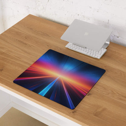 Futuristic neon horizon gaming mouse pad with cosmic ray design