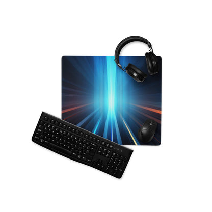 Black gaming mousepad with vibrant blue orange radial light burst