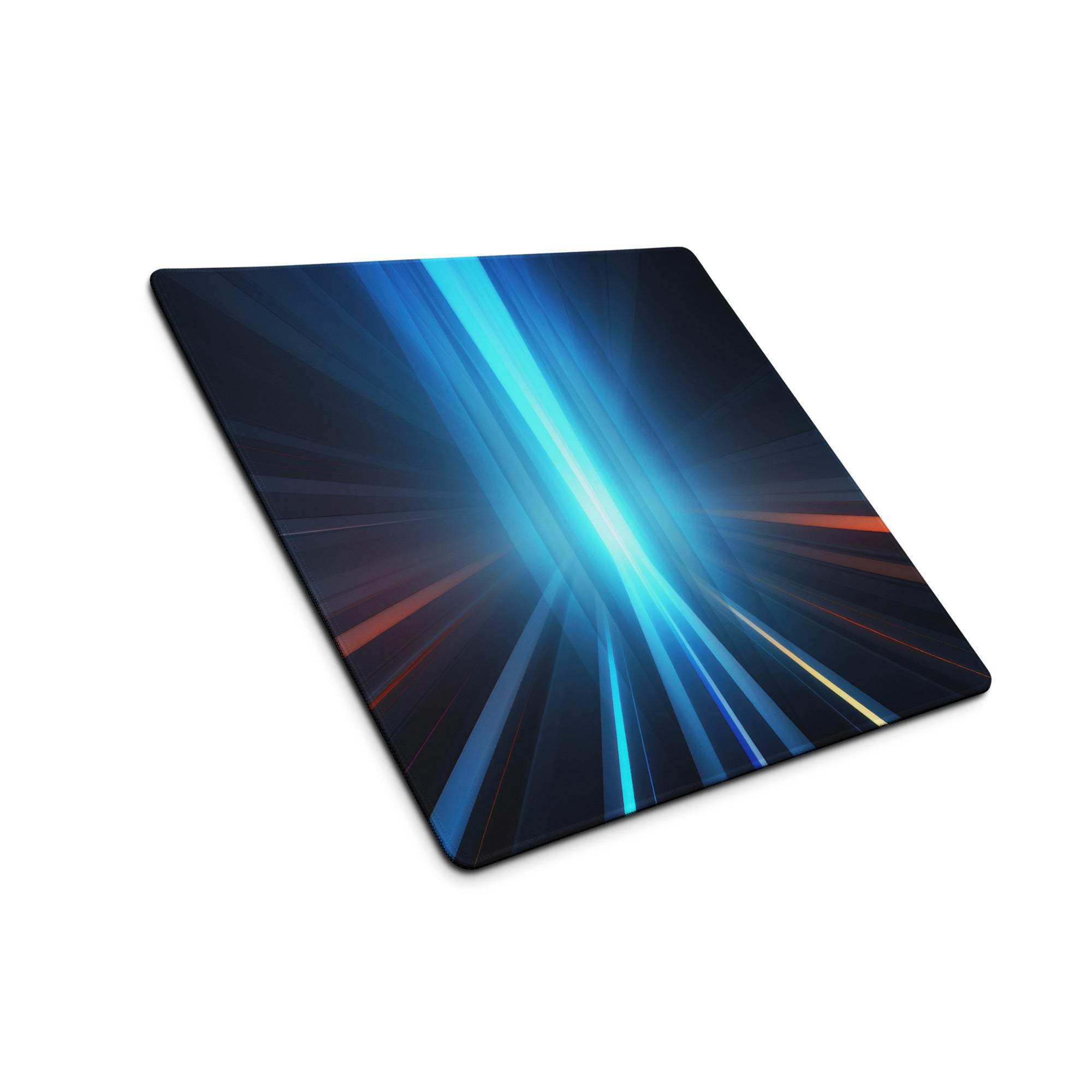 Futuristic blue neon gaming mouse pad with abstract light rays and non-slip base