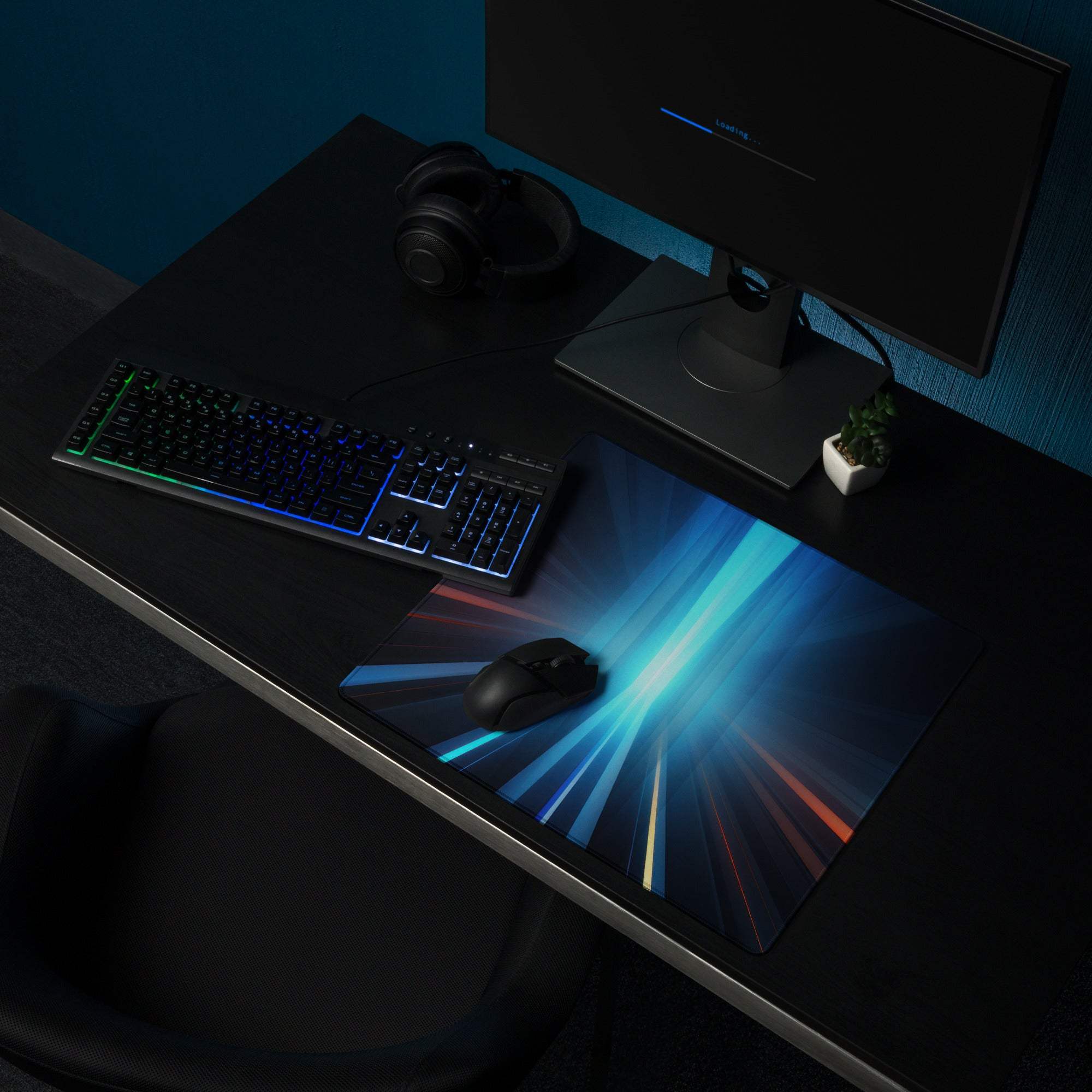 Blue black cosmic ray futuristic gaming mousepad with non-slip base