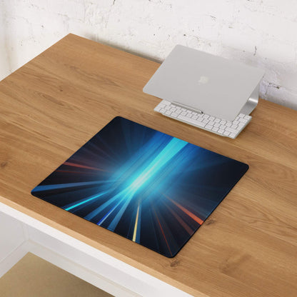 Futuristic blue neon gaming mouse pad with red light burst design