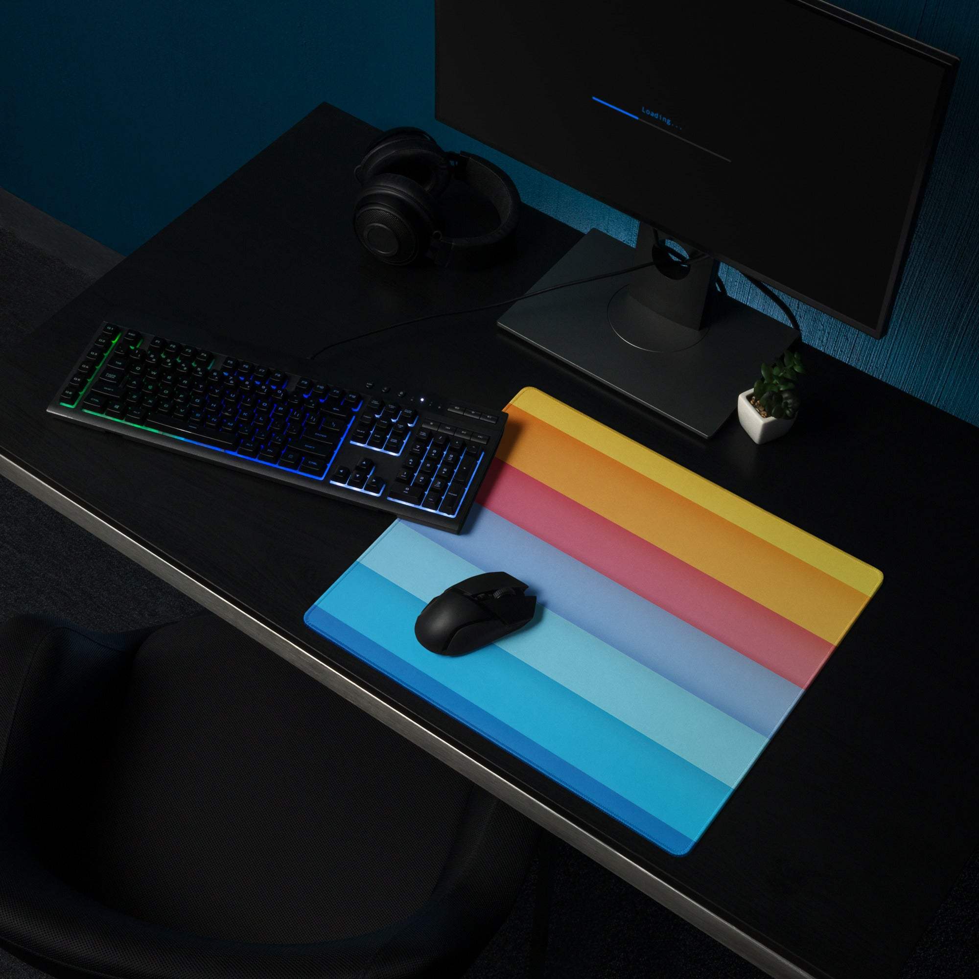 Large rainbow gradient gaming mouse pad with non-slip base and stitched edges