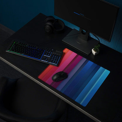 Vibrant rainbow gradient gaming mouse pad with large surface, non-slip base, stitched edges