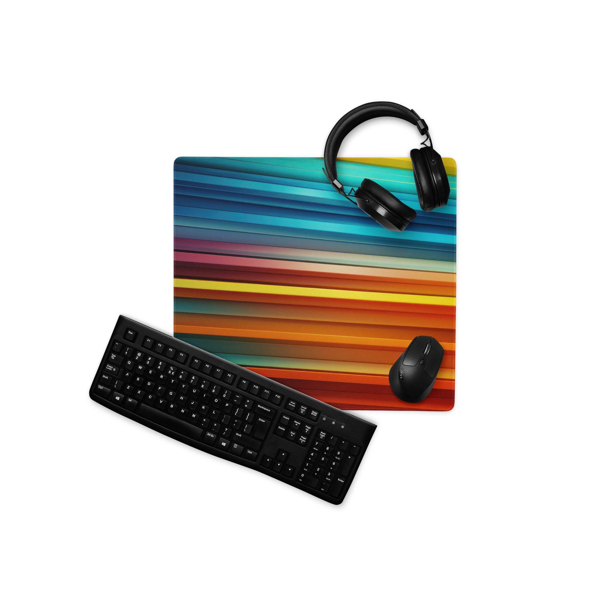 Vibrant striped spectrum gaming mouse pad with rainbow stripes and non-slip base