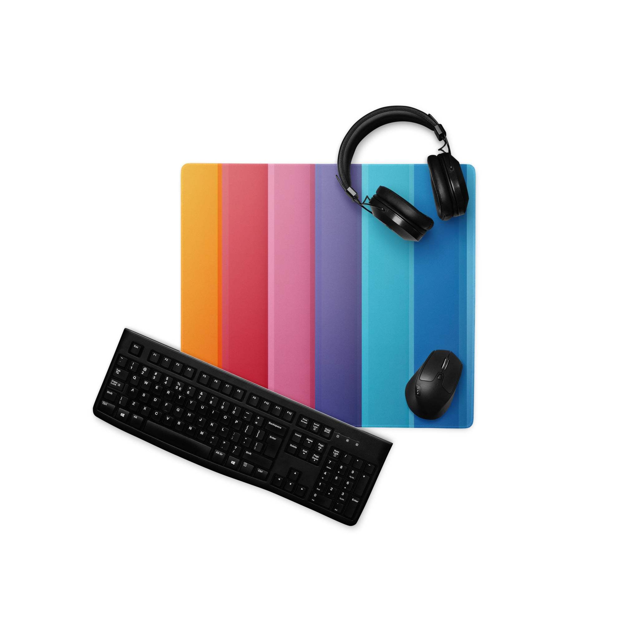 Vibrant rainbow stripe gaming mouse pad with orange-to-blue gradient, non-slip base