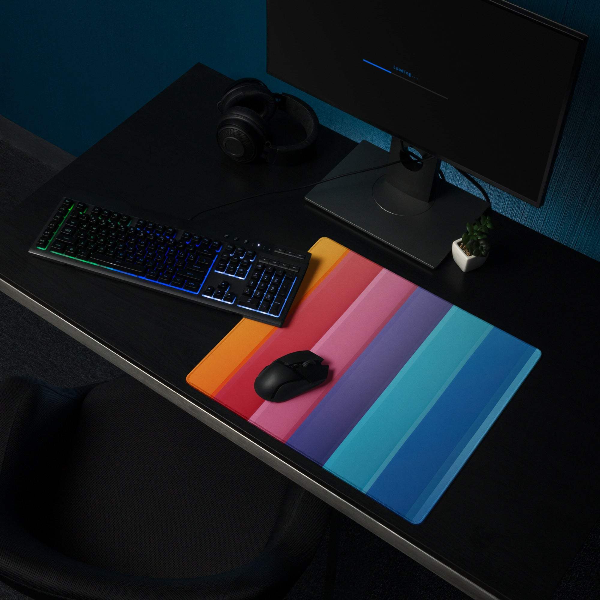 Vibrant rainbow stripe gaming mouse pad with large size, non-slip base and smooth gradient surface