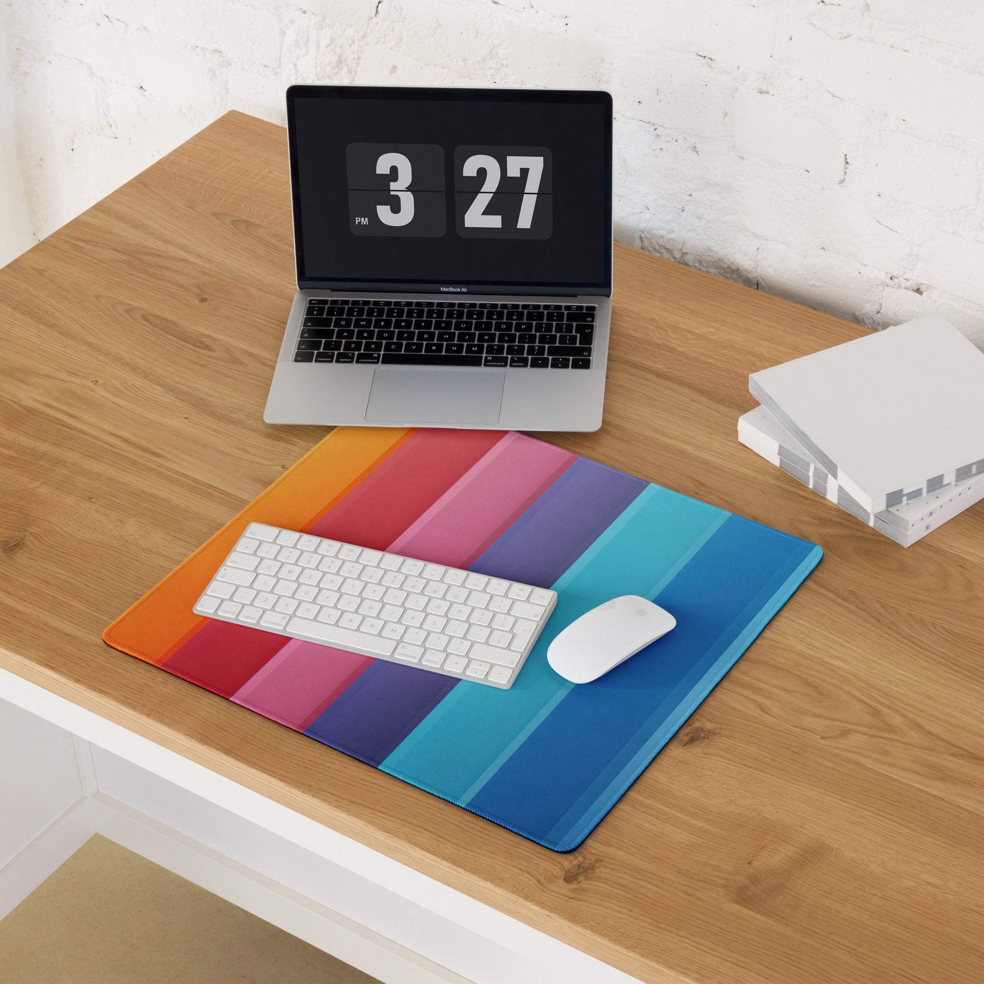 Vibrant rainbow stripe gaming mouse pad with large size, non-slip base and edge stitching