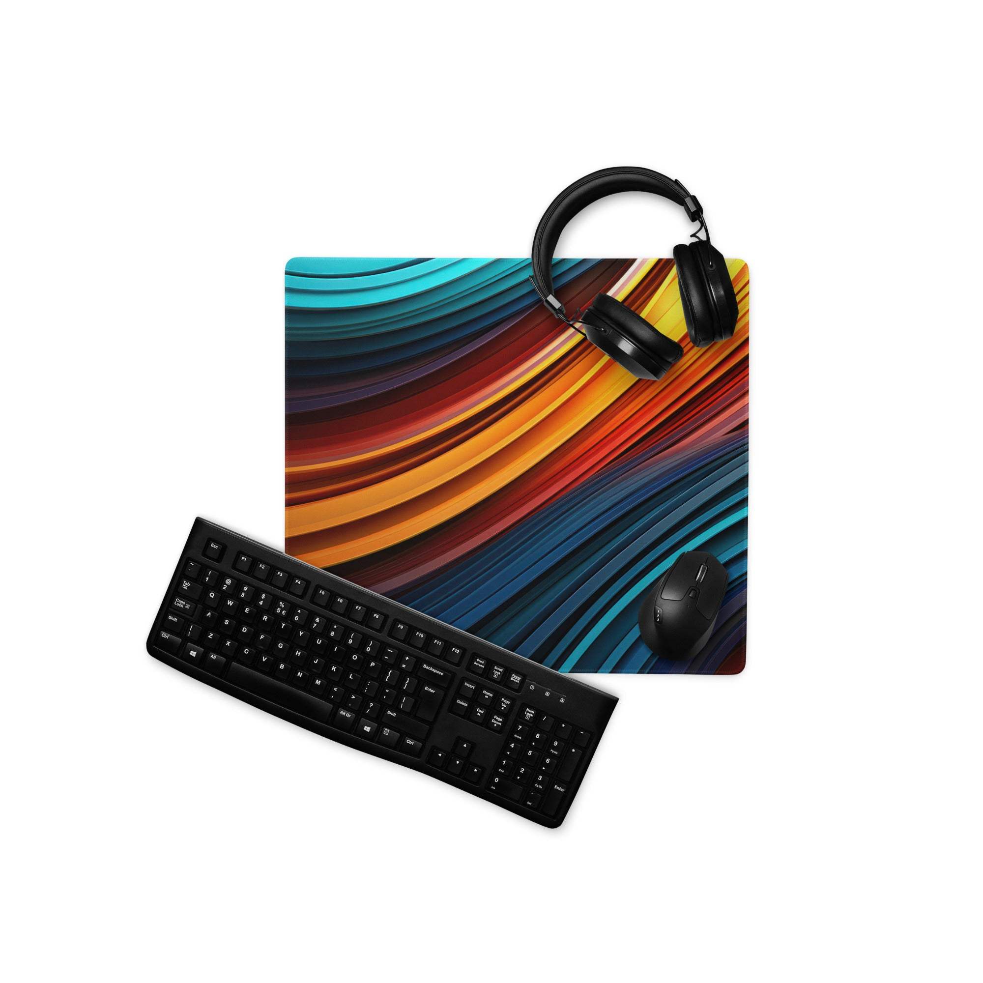 Vibrant rainbow wave gaming mouse pad with black headphones on top