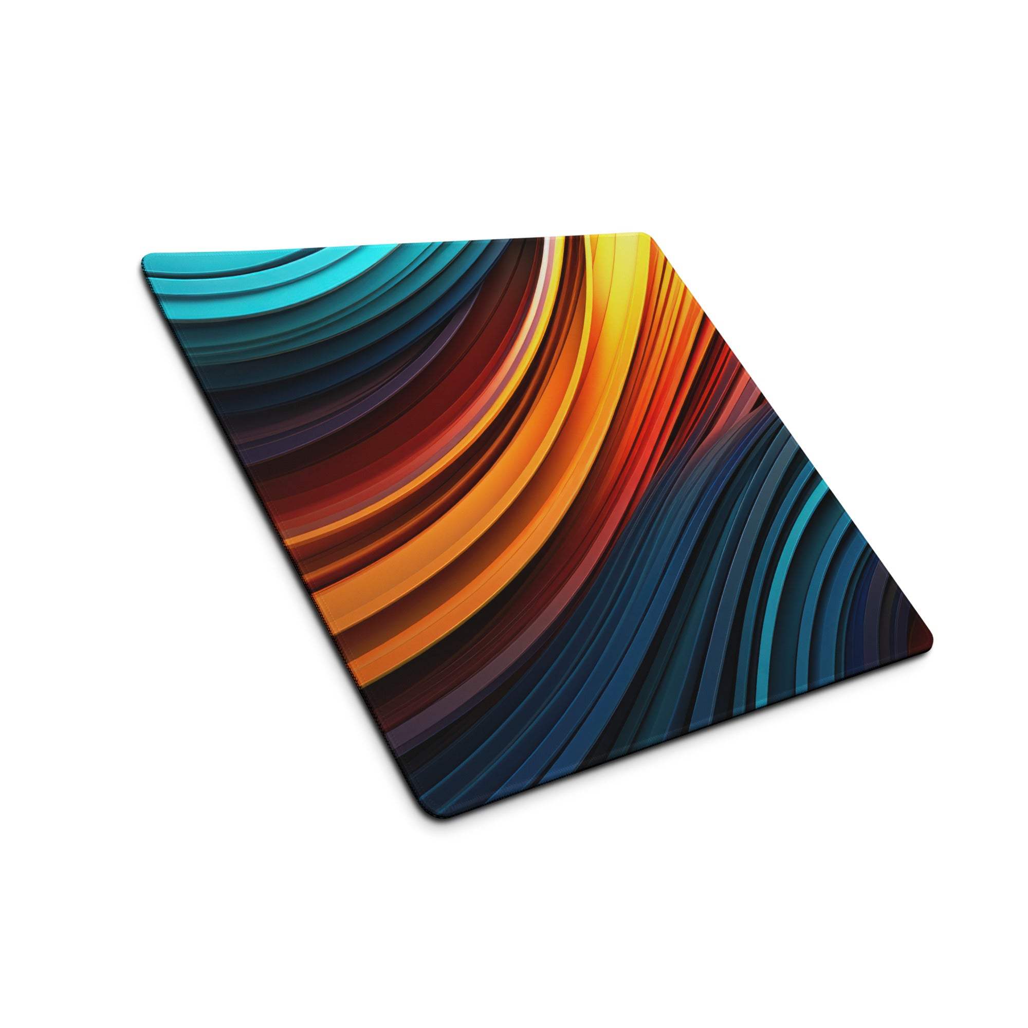 Vibrant abstract wave gaming mouse pad with teal orange swirling design