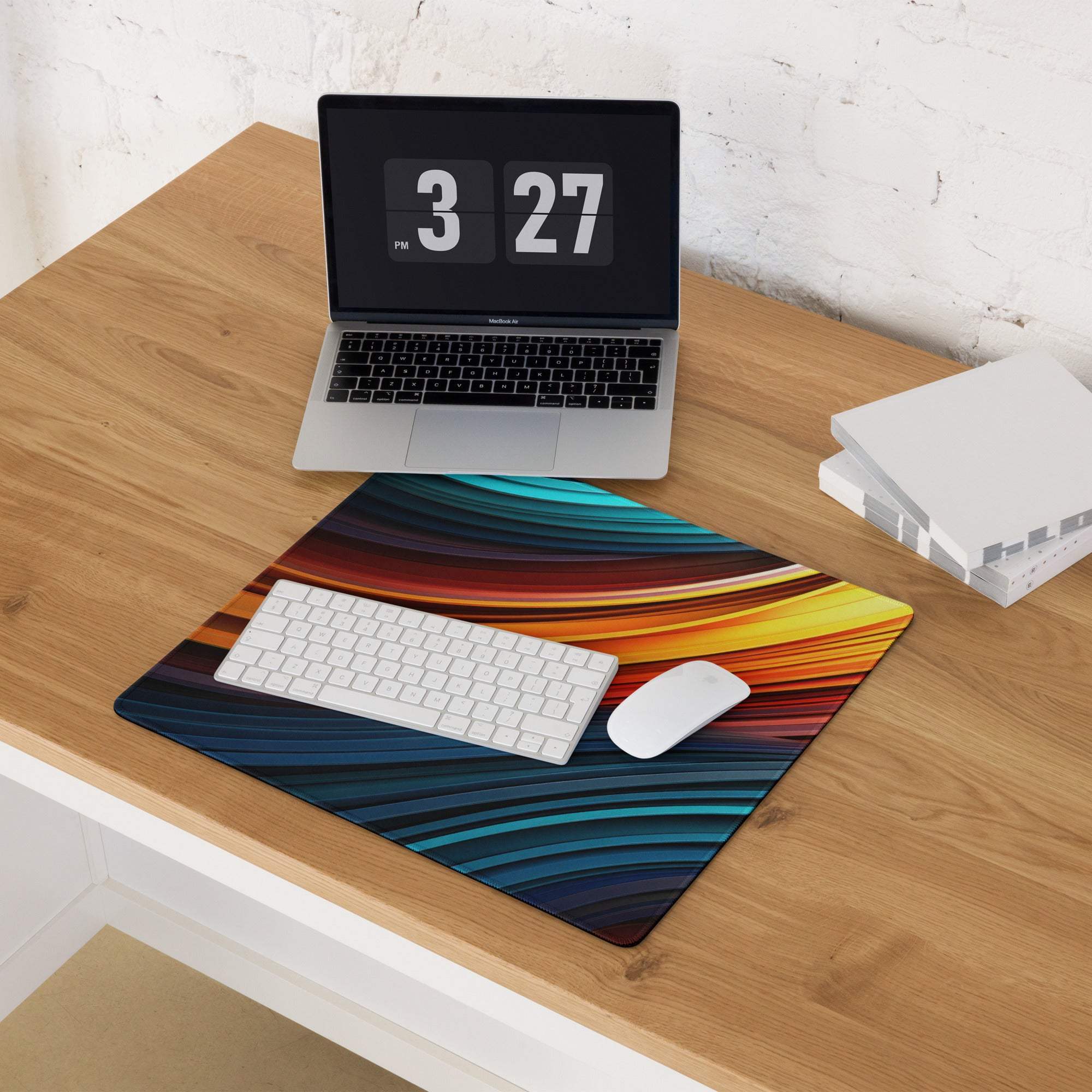 Vibrant abstract wave gaming mouse pad with teal orange gradient, large non-slip surface