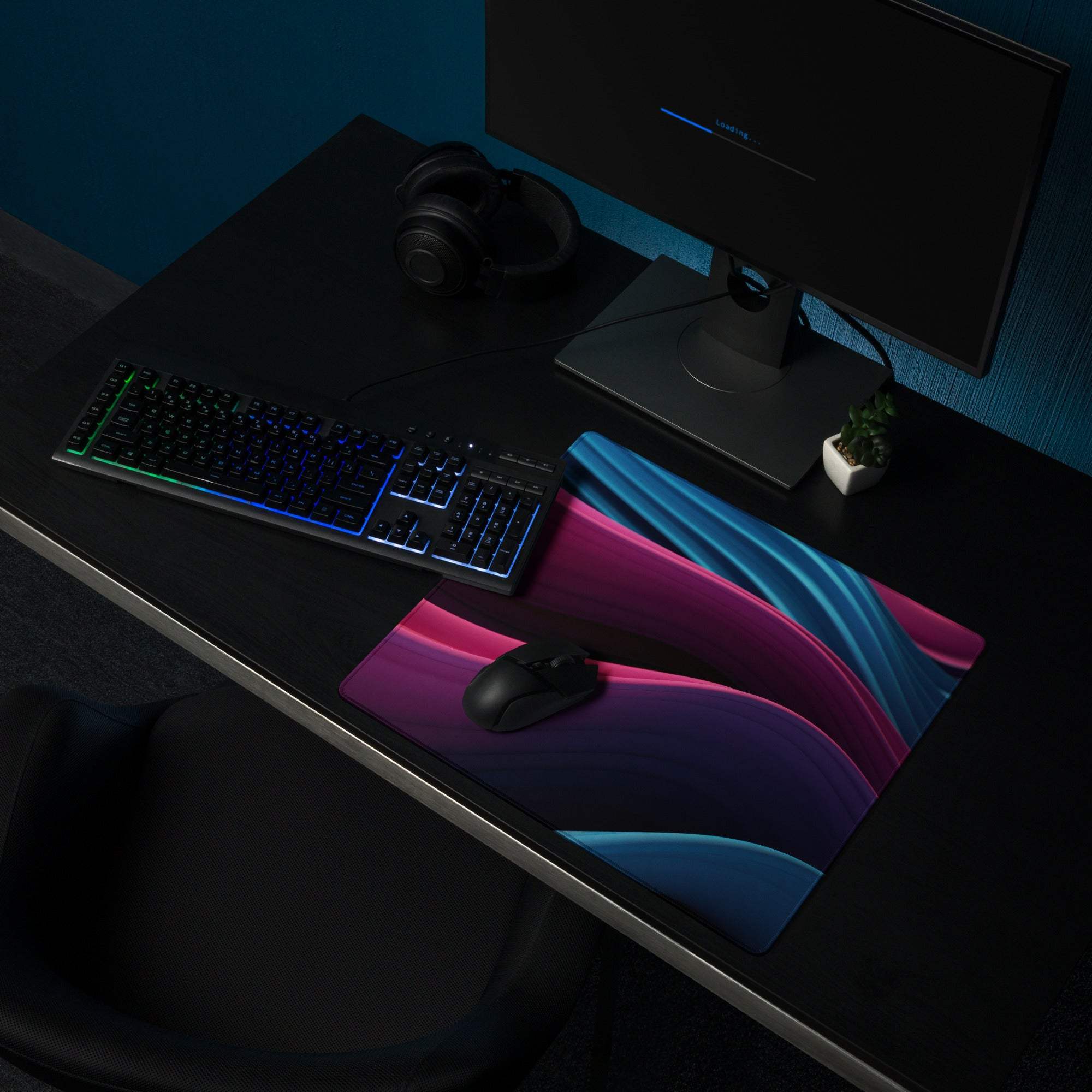 Vibrant abstract wave pink blue gaming mouse pad large non-slip stitched
