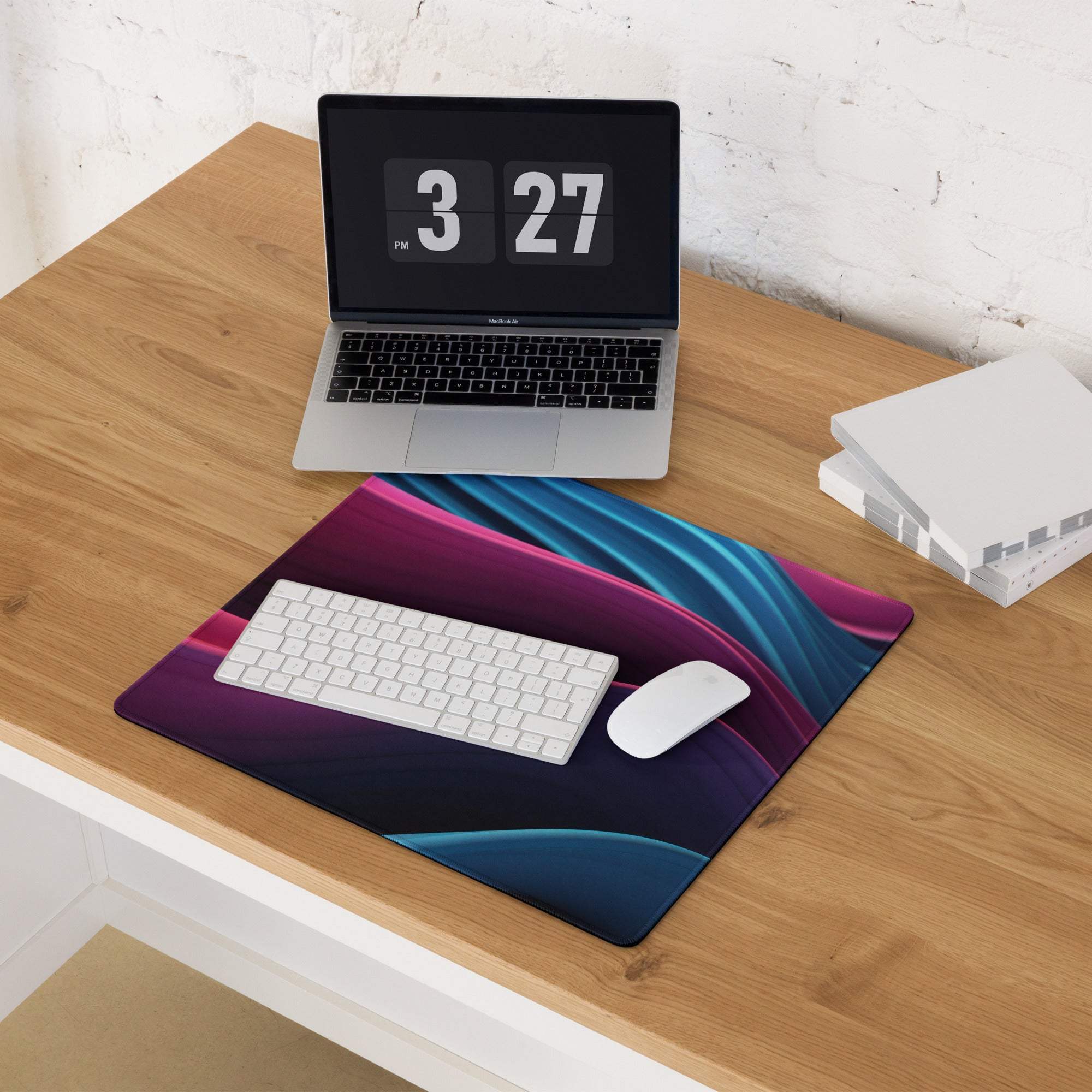 Vibrant abstract wave gaming mouse pad in purple blue black large non-slip stitched