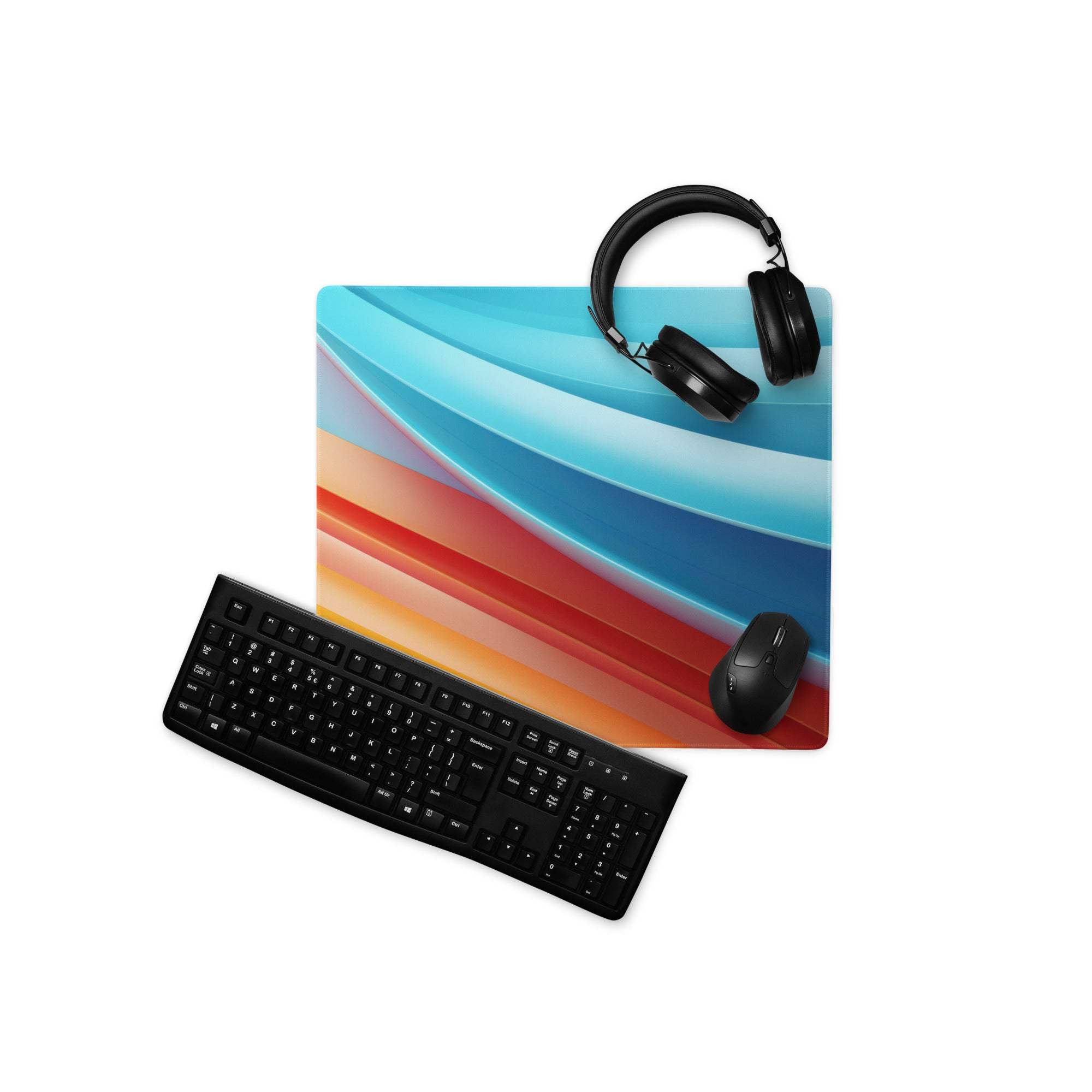 Vibrant gradient large gaming mouse pad with blue teal orange red stripes non-slip base stitching