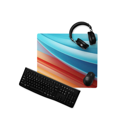 Vibrant gradient large gaming mouse pad with blue teal orange red stripes non-slip base stitching