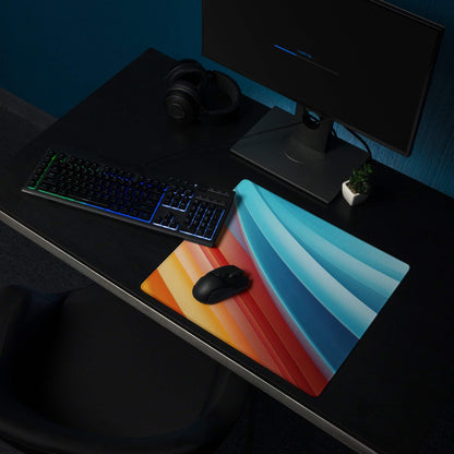 Vibrant gradient large gaming mouse pad with orange red blue stripes non-slip base stitching