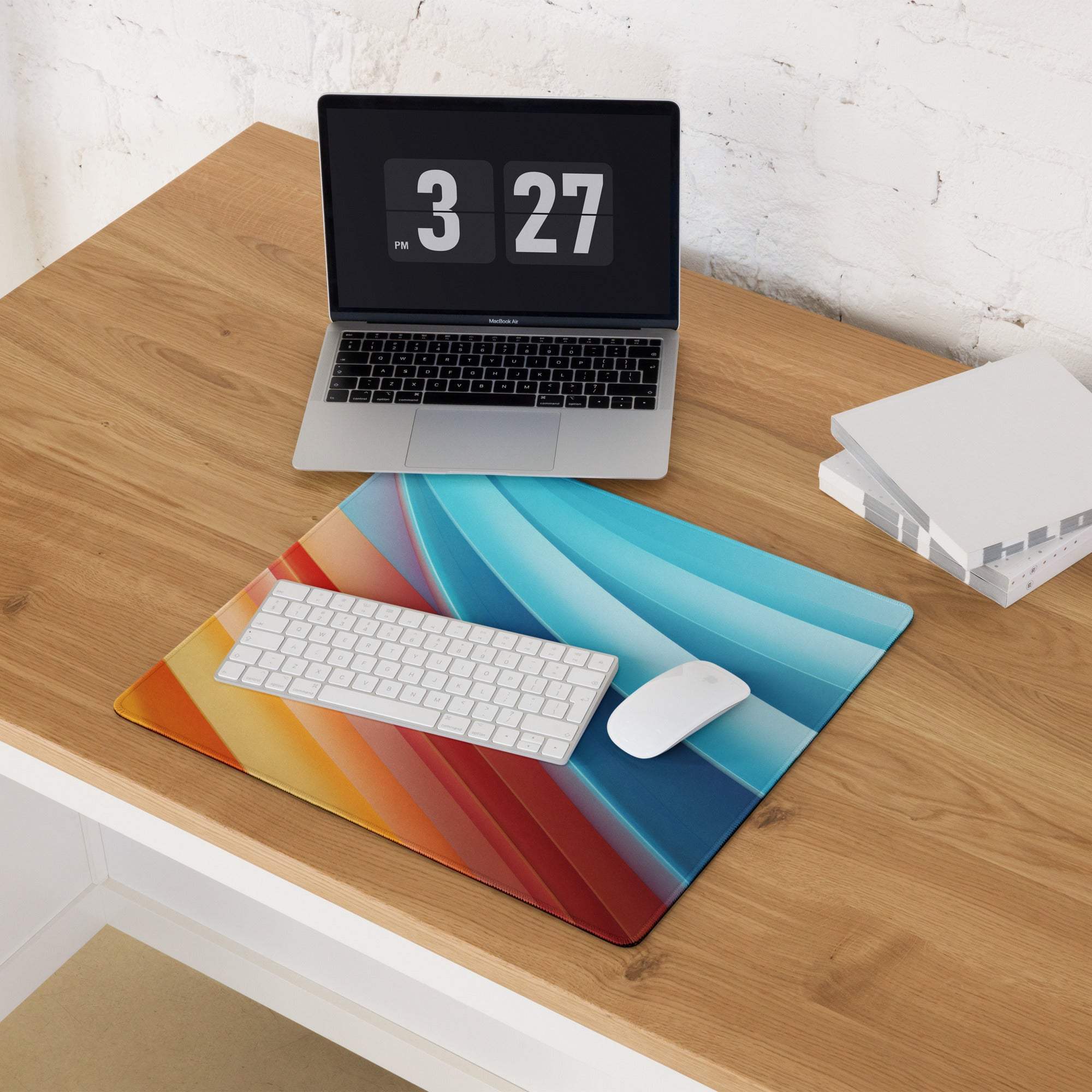 Vibrant gradient large gaming mouse pad with blue orange red stripes non-slip base