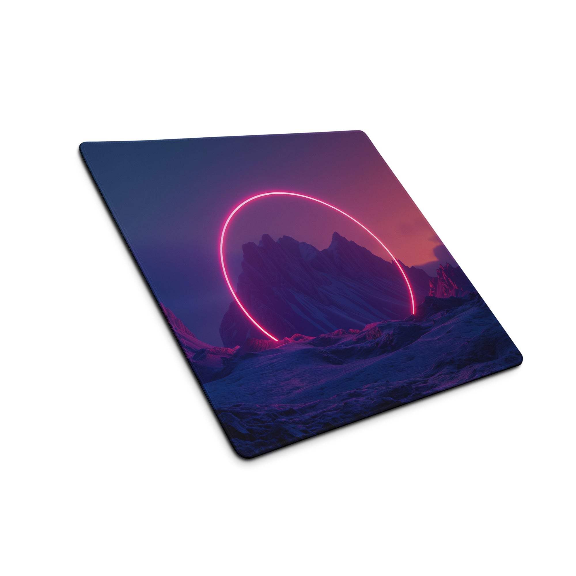 Neon pink glow arches over purple peaks on large non-slip gaming mousepad