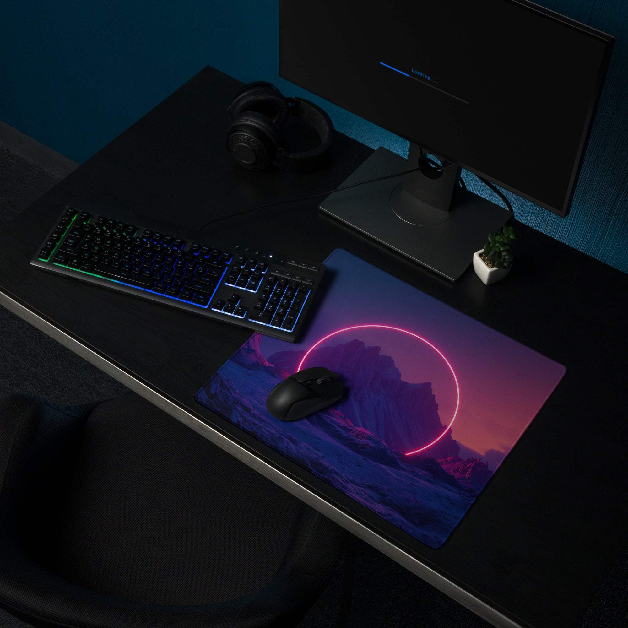 Neon glow mountain landscape gaming mouse pad with large size and non-slip base