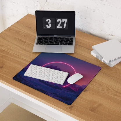 Neon glow mountain landscape gaming mouse pad with purple pink gradient and non-slip base