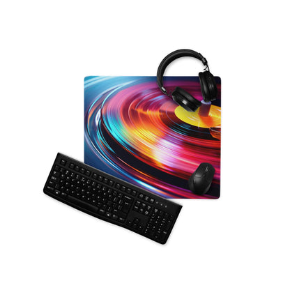 Vibrant rainbow vinyl turntable mouse pad with headphones and keyboard
