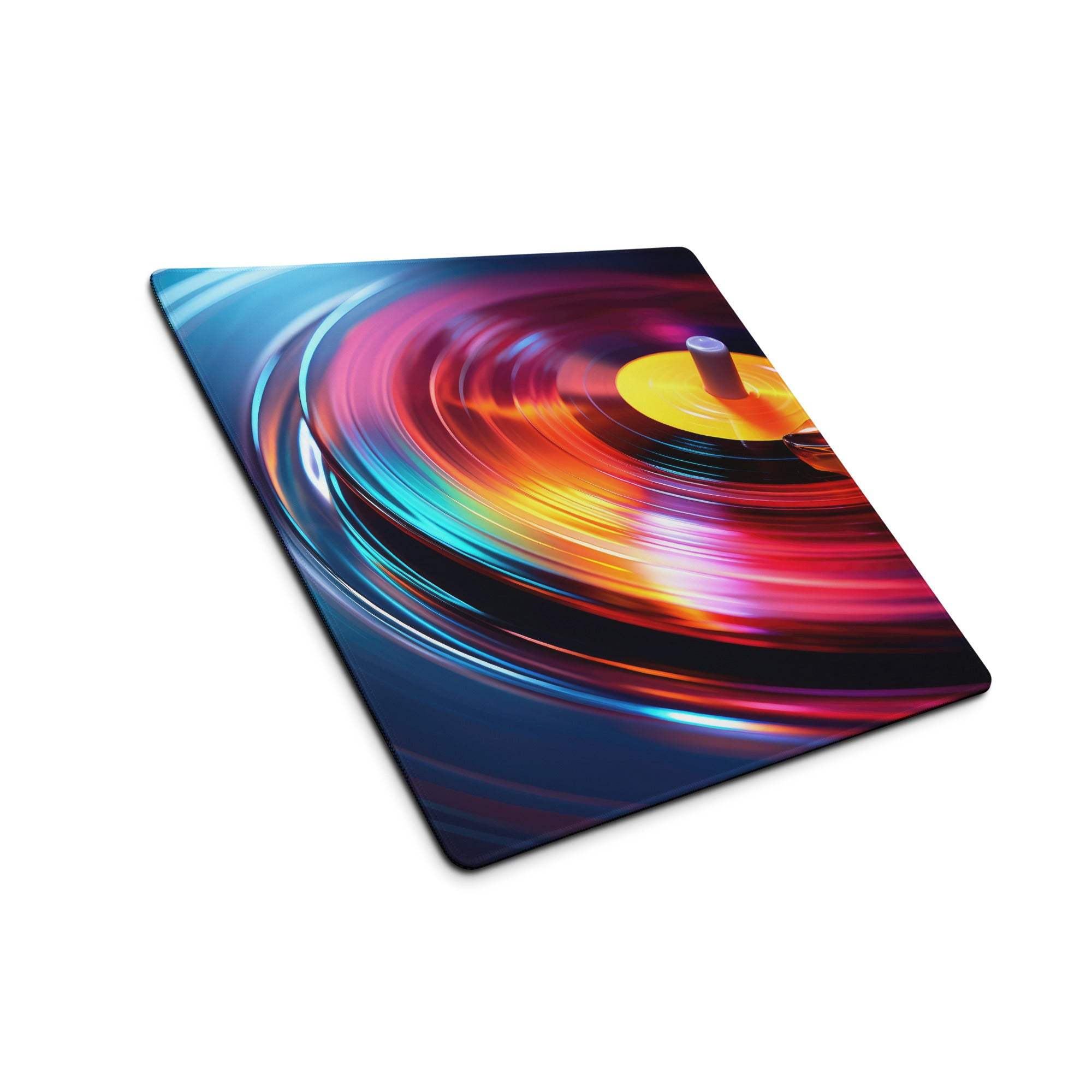 Vibrant vinyl turntable mouse pad with rainbow swirl and yellow label
