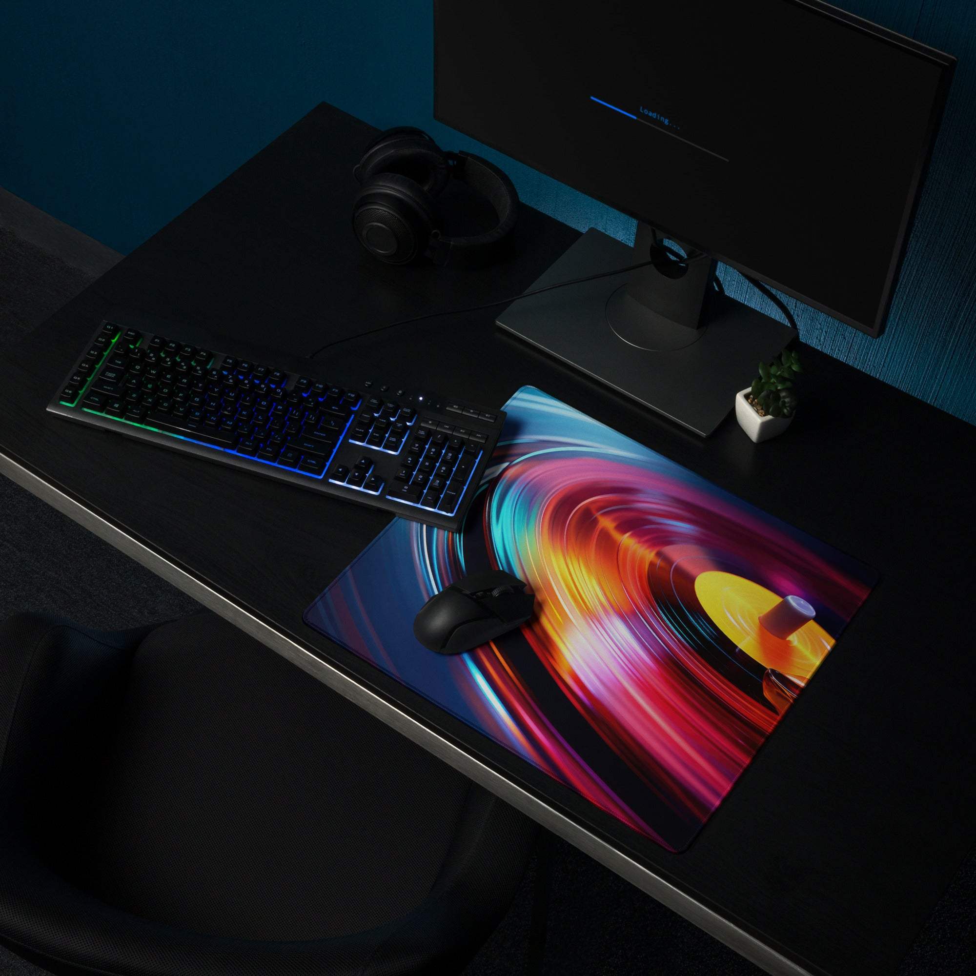 Vibrant rainbow swirls vinyl turntable gaming mouse pad glossy finish