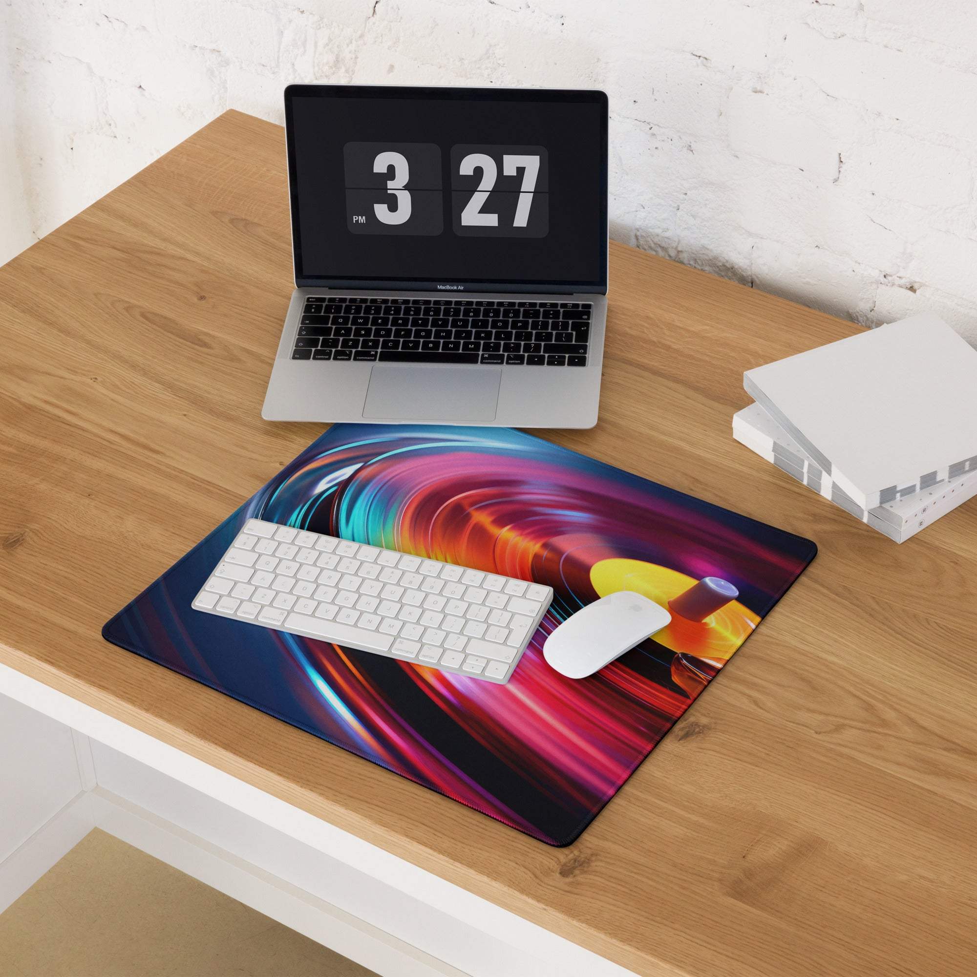 Vibrant vinyl turntable swirl gaming mouse pad in bold red blue purple hues