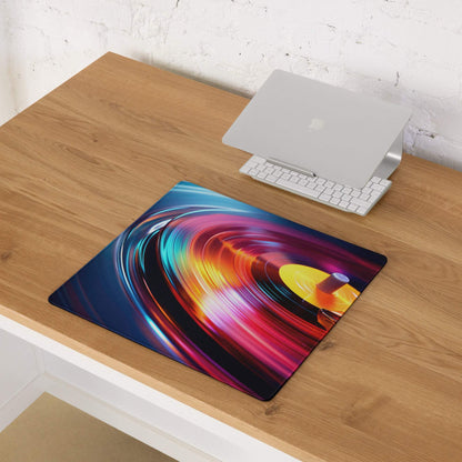 Vibrant vinyl turntable artwork gaming mouse pad with rainbow swirls, large surface, non-slip base