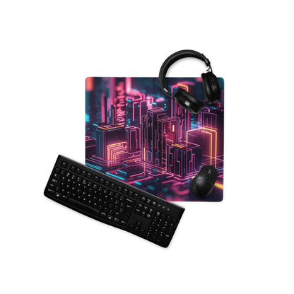 Cyberpunk neon pink blue circuit mousepad with keyboard headset