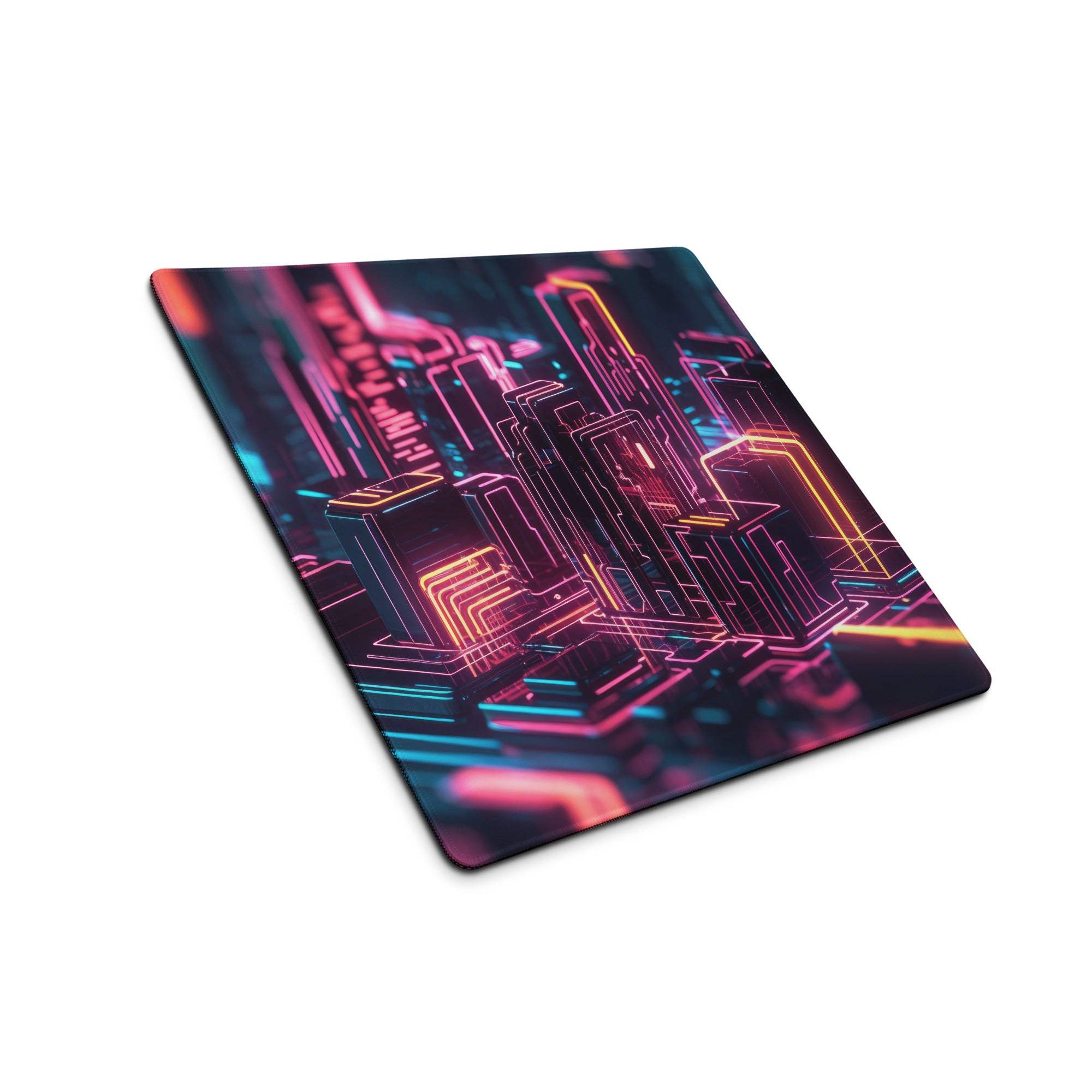 Cyberpunk neon cityscape gaming mouse pad with pink orange circuit design