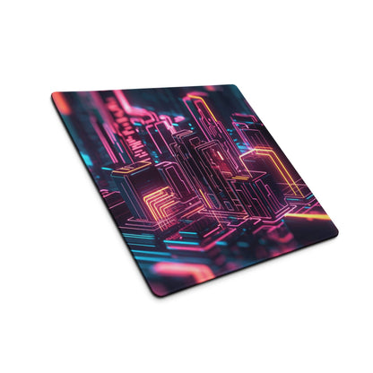 Cyberpunk neon cityscape gaming mouse pad with pink orange circuit design