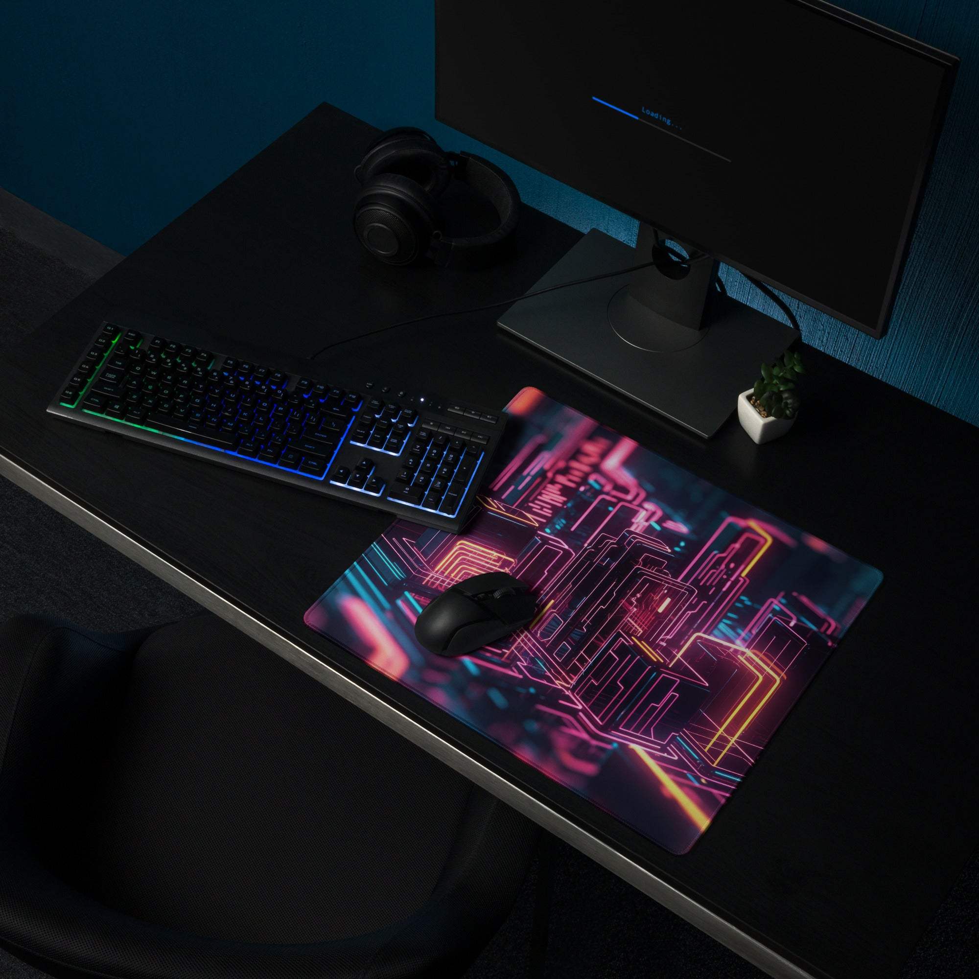 Cyberpunk neon cityscape gaming mouse pad with pink blue yellow glow non-slip base