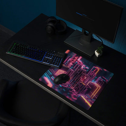 Cyberpunk neon cityscape gaming mouse pad with pink blue yellow glow non-slip base