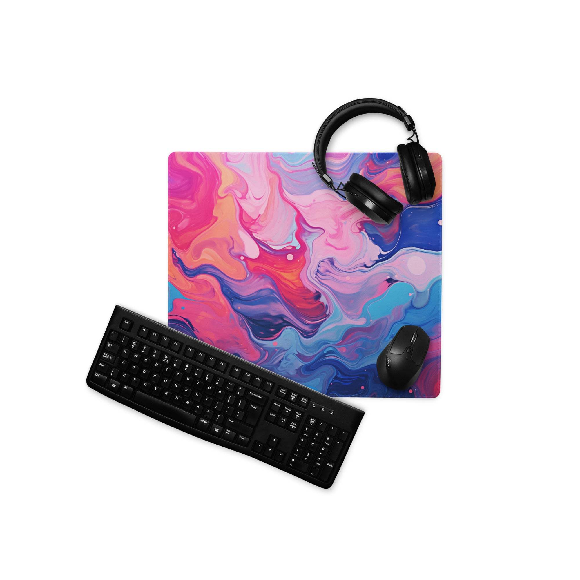 Vibrant pink blue purple swirl gaming mousepad with black keyboard mouse