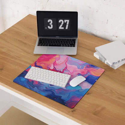 Vibrant pink blue purple swirl gaming mousepad with white keyboard mouse