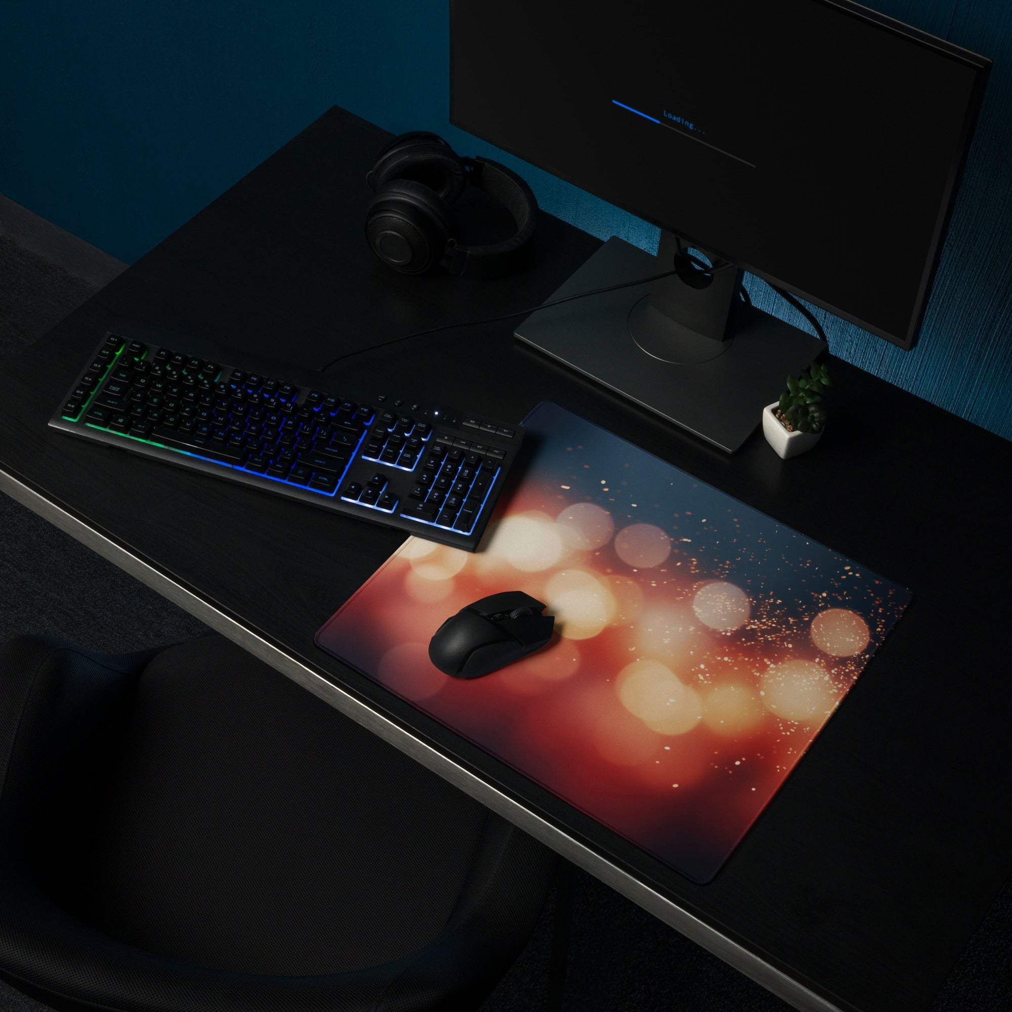 Vibrant esports gaming mouse pad with warm orange blue bokeh design