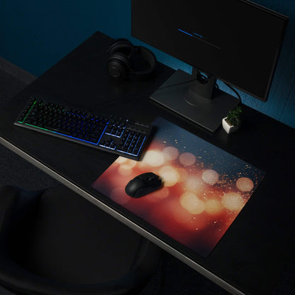 Vibrant esports gaming mouse pad with warm orange blue bokeh design