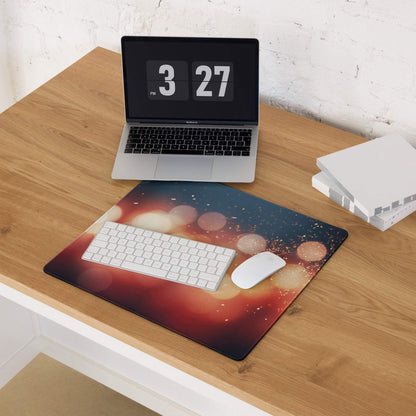 Vibrant esports gaming mouse pad with warm orange blue bokeh design