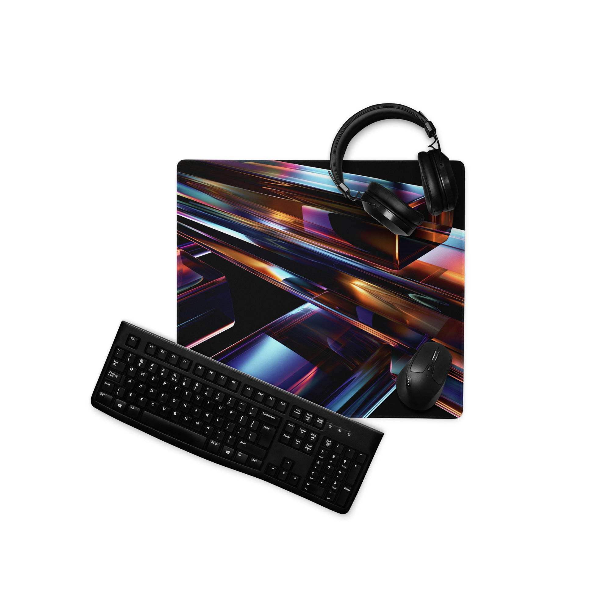 Black keyboard on vibrant neon abstract gaming mouse pad