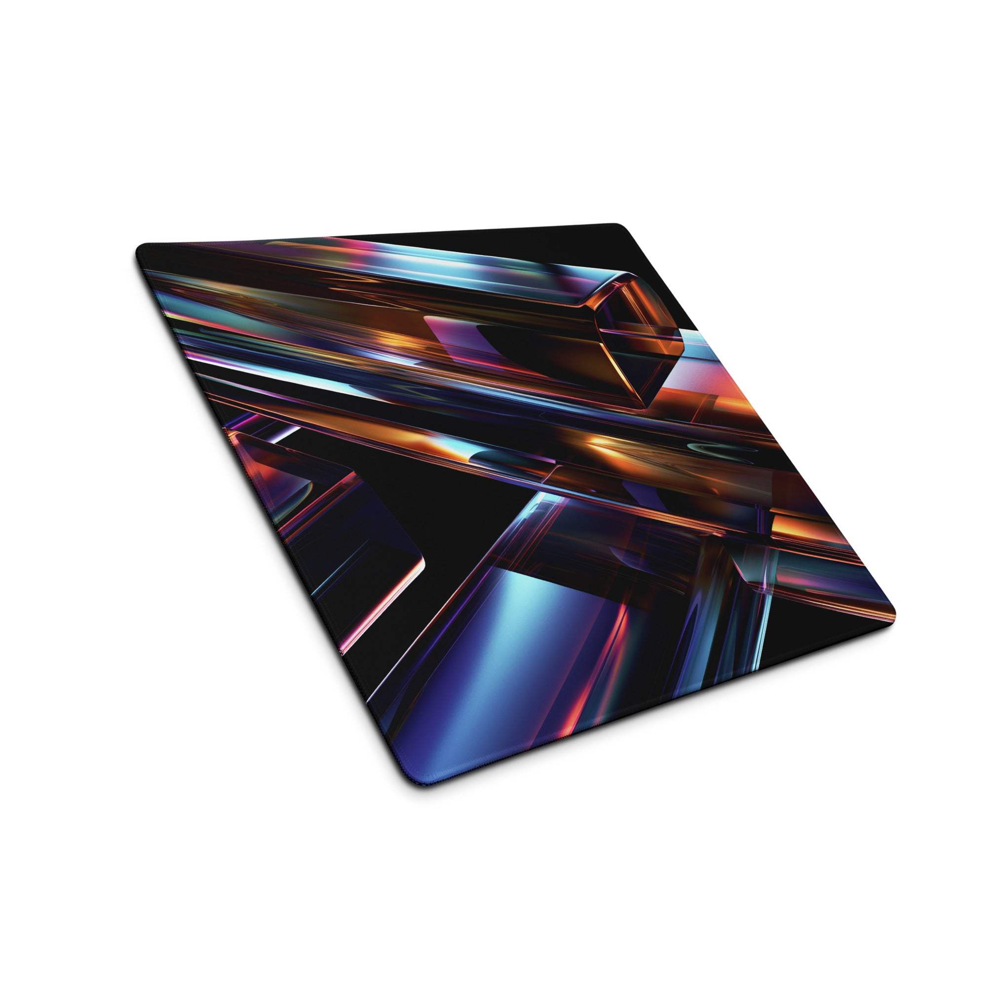 Vibrant neon abstract gaming mouse pad with iridescent glass shapes, non-slip base, stitched edges