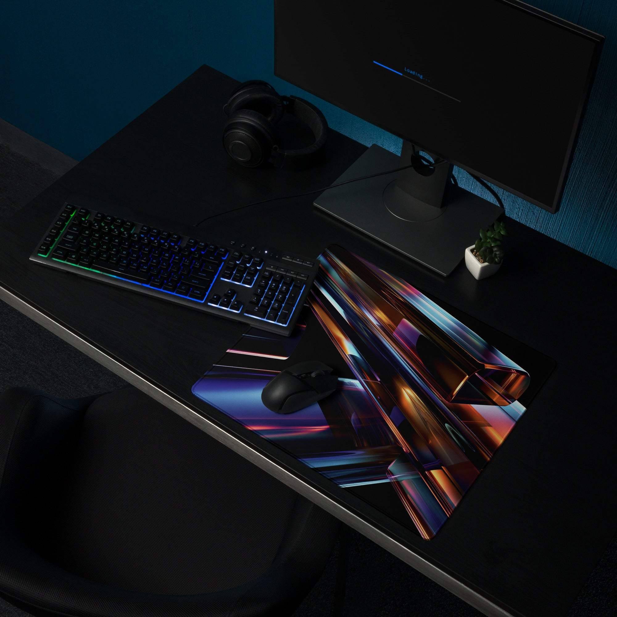 Vibrant neon abstract gaming mouse pad with iridescent blue purple orange streaks