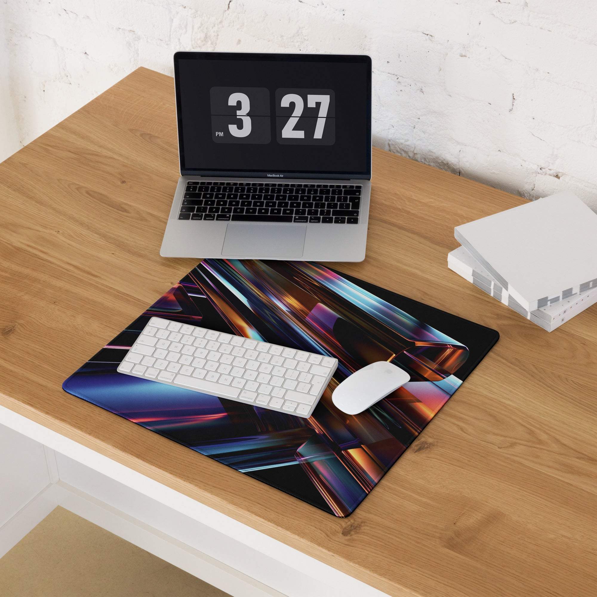 Vibrant neon abstract gaming mouse pad with purple blue orange gold streaks glossy finish large size non-slip base stitched edges
