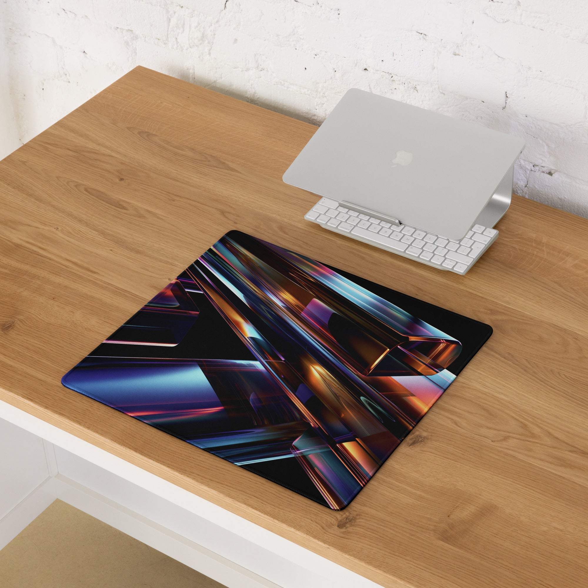 Vibrant neon abstract gaming mouse pad with iridescent blues, purples, golds, non-slip base, stitched edges