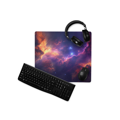 Vibrant cosmic nebula gaming mousepad with black keyboard and headphones