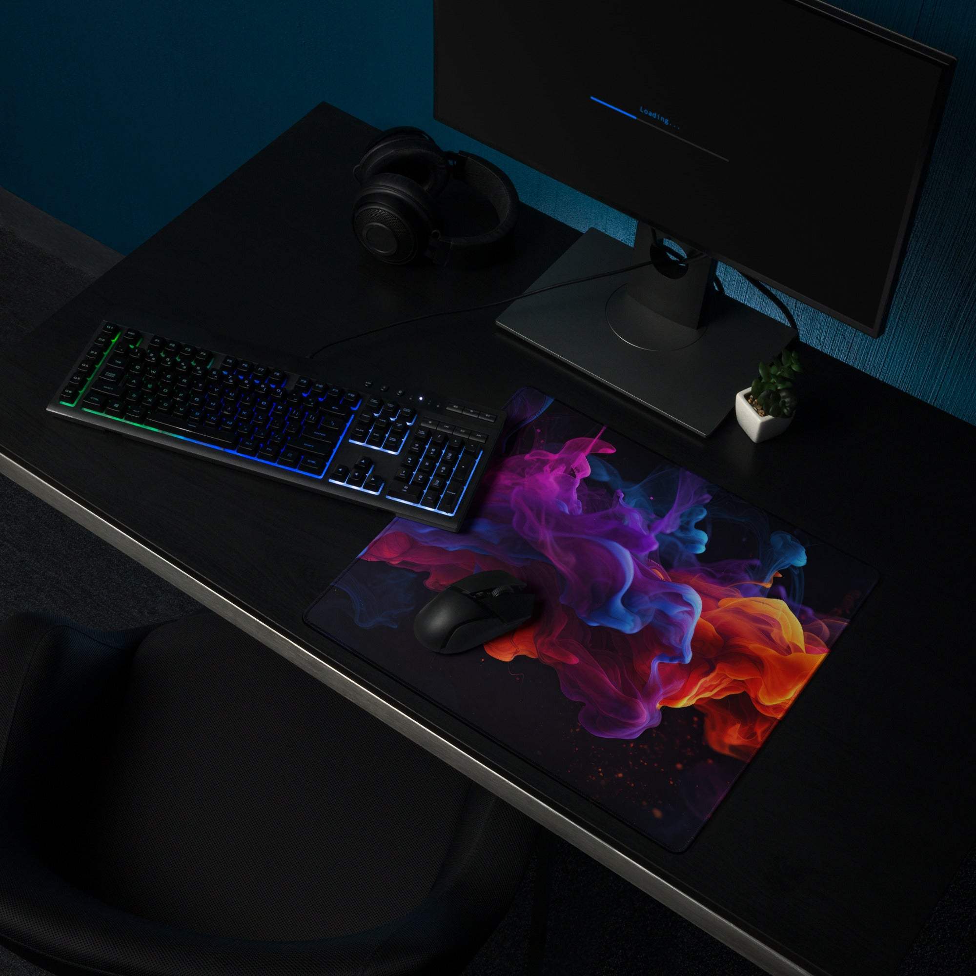 Vibrant abstract smoke color gaming mouse pad with swirling purple blue orange pink hues