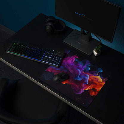 Vibrant abstract smoke color gaming mouse pad with swirling purple blue orange pink hues