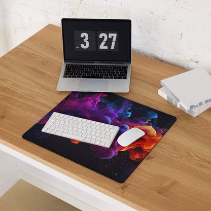 Vibrant cosmic nebula gaming mouse pad with purples, pinks, oranges, non-slip base